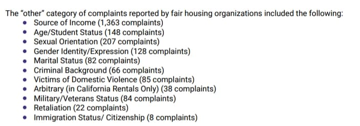 List of categories of complaints report by fair housing organizations.