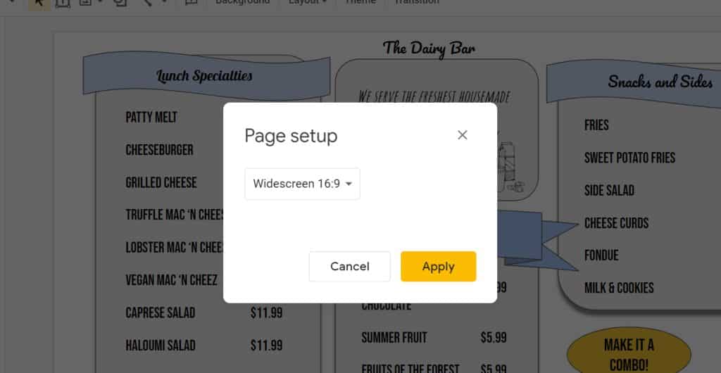 Google Slide page setup widescreen format.