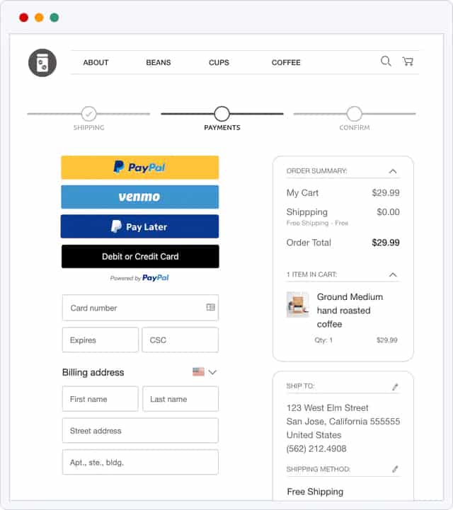 PayPal product checkout entering card information.