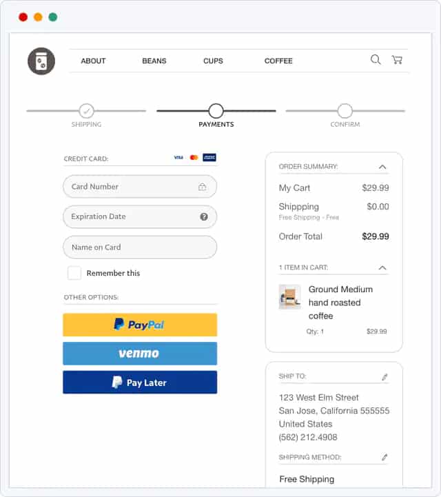 PayPal product checkout entering credit card information.