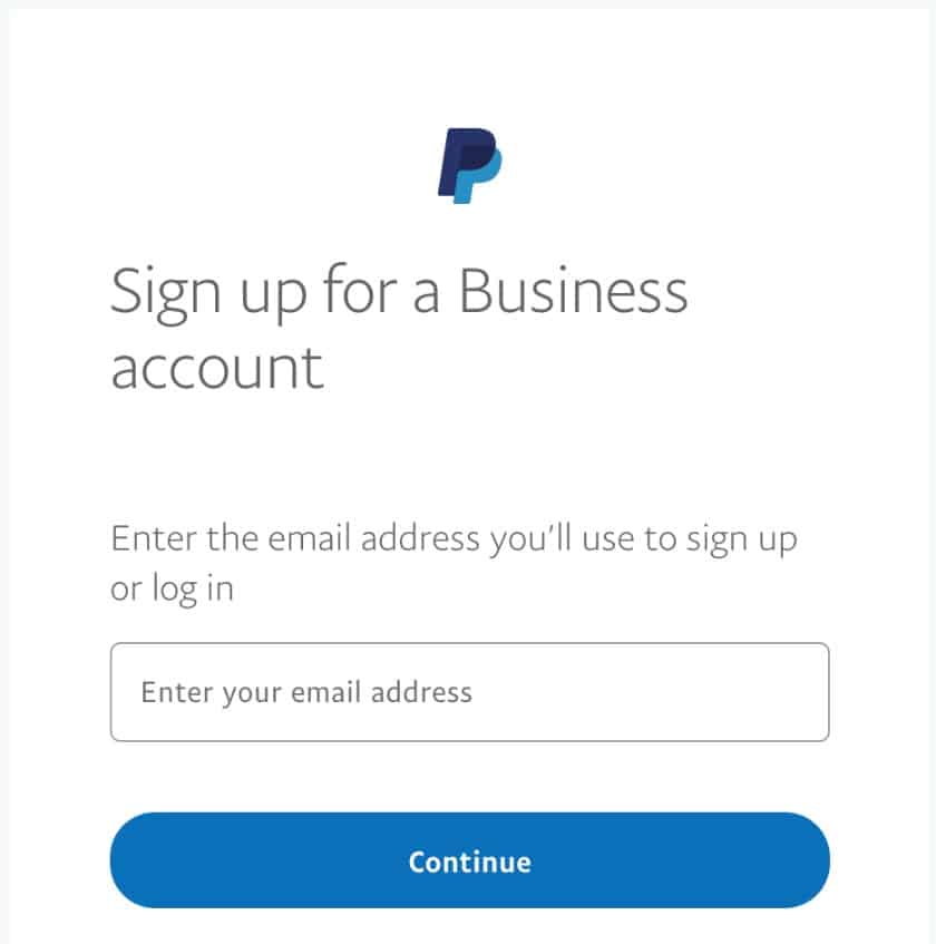 PayPal's sign up page.