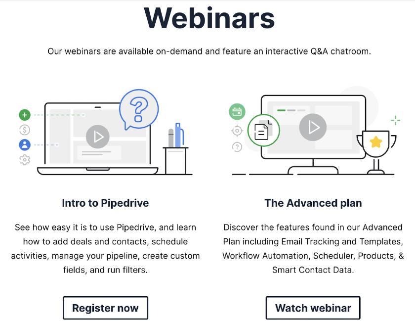 Screenshot showing Pipedrive Academy Training Webinars