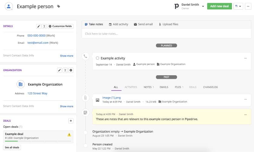 A contact profile example from Pipedrive with activity notes.