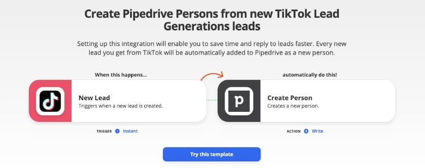A screenshot showing how Pipedrive captures TikTok-generated real estate leads.