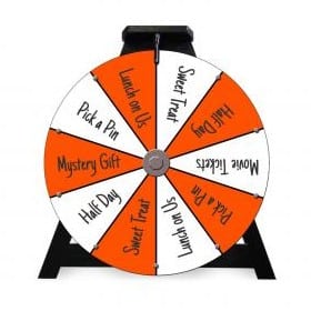 This prize wheel with dry erase panels allows you to customize the prizes.