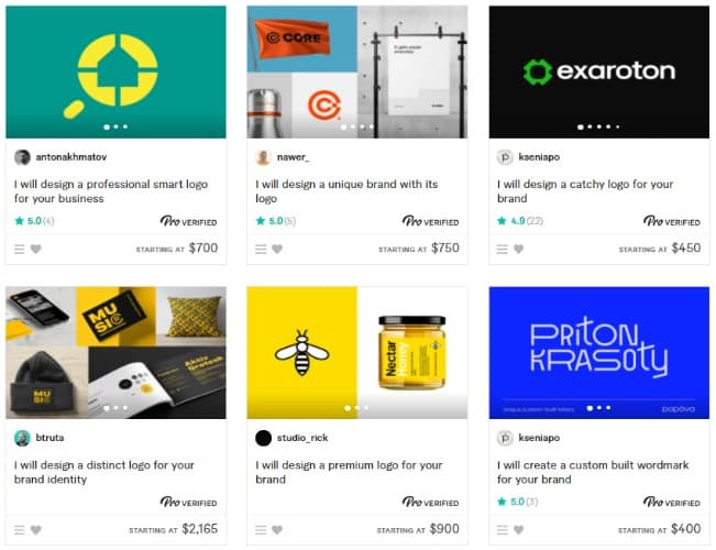 List of Fiverr's different designers profile with their sample logo.
