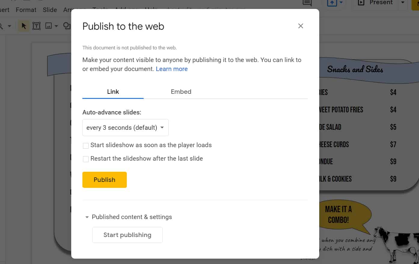 Google Slide confirming to publish your file into Publish to the Web.