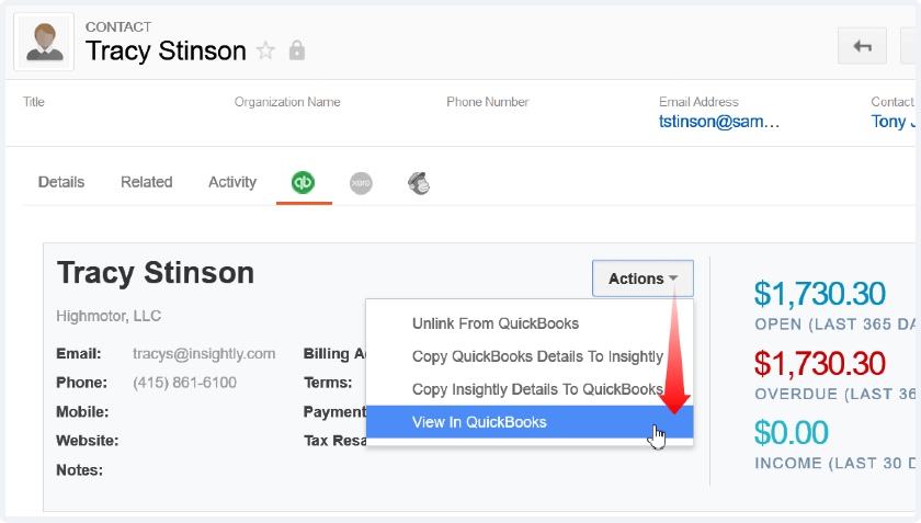Insightly contact's financial information from QuickBooks.
