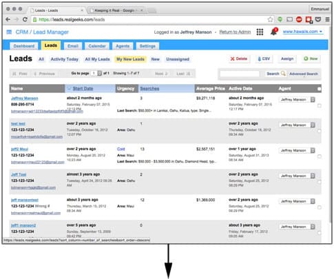 Image of Real Geeks CRM leads list on Lead Manager page.