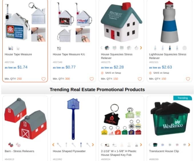 List of trending real estate promotional products from Anypromo.com.