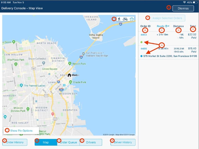 Revel supports maps-based driver dispatch for restaurants that have a team of in-house drivers.