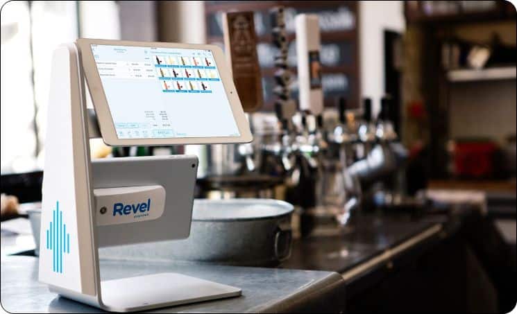 Revel POS stands support terminals and customer-facing displays.