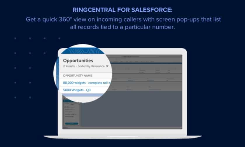Features description of RingCentral and Salesforce integration and laptop with the "Opportunities" dashboard magnified on the screen.