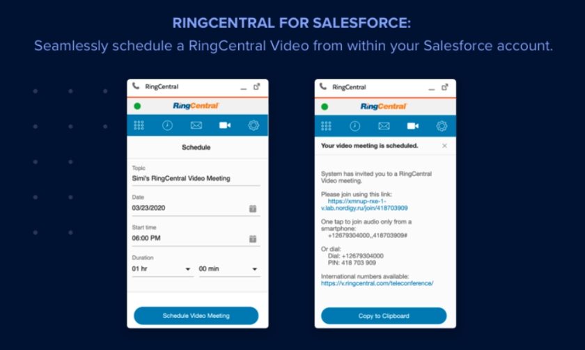 Scheduling a RingCentral video call through Salesforce.