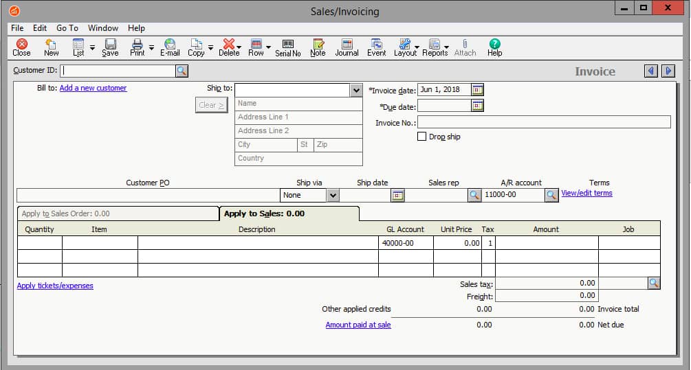 Image of Sage 50cloud on how to create a new invoice.