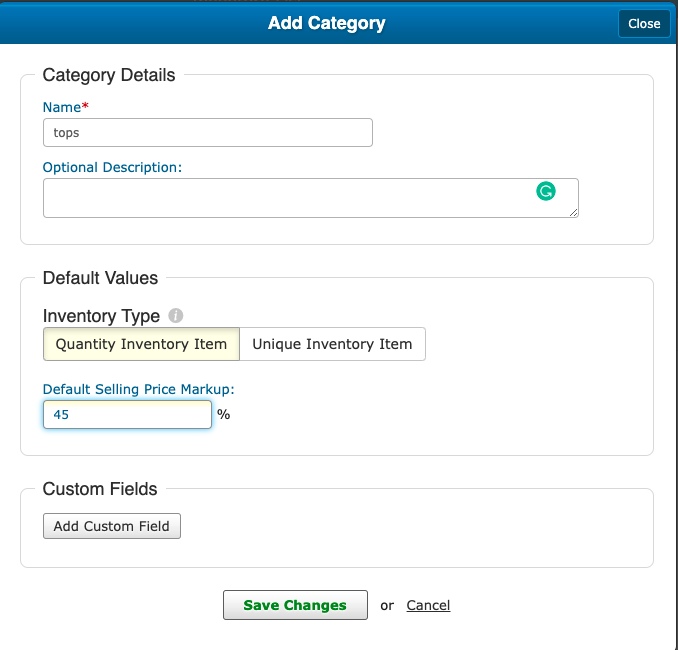 SalesBinder create product categories with set markups and custom fields.