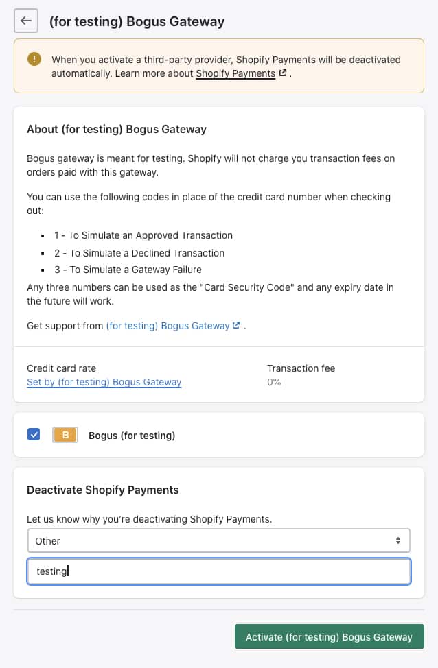 Shopify testing Bogus Gateway.
