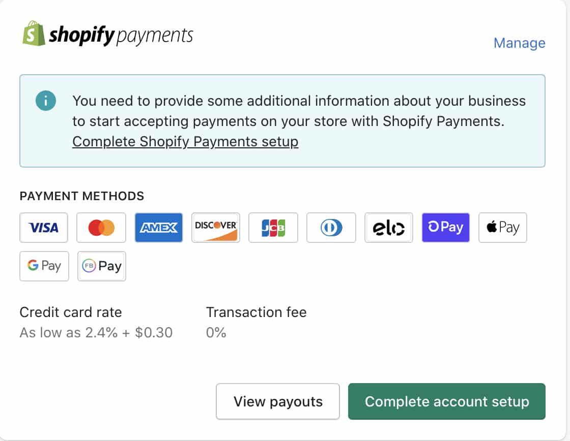 Shopify payments page to choose what payment methods you want.