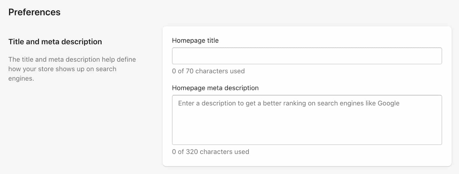 Shopify set up SEO settings in Preference tab. Adding homepage title and homepage meta description.