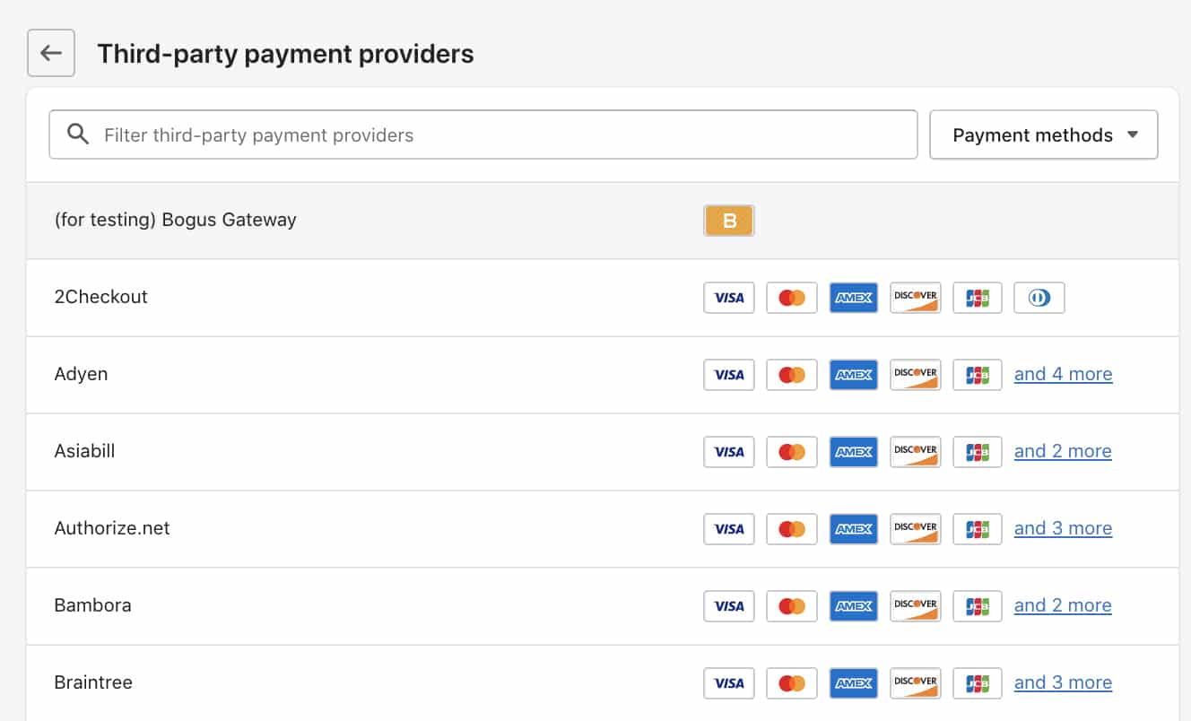List of Shopify third-party payment providers.