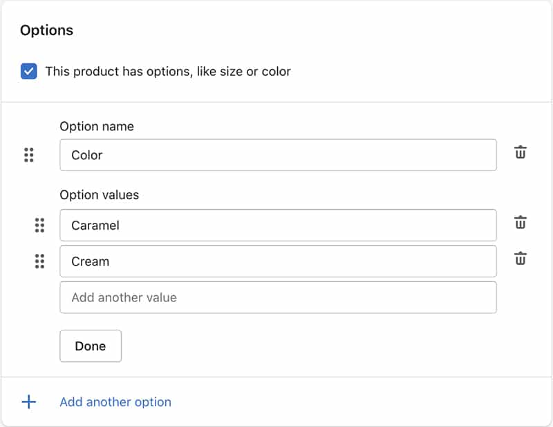 Image of Shopify adding product color and value.