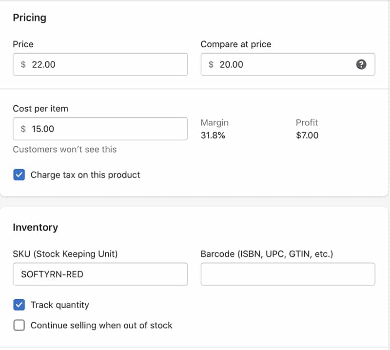 Image of Shopify adding product pricing and inventory.