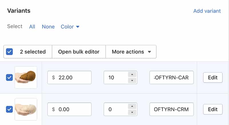 Image of Shopify set up pricing, inventory quantities, and SKUs.