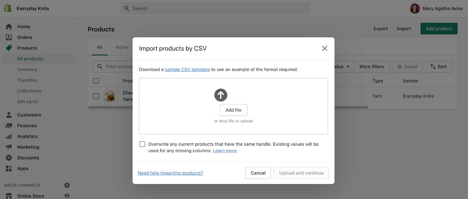Image of Shopify importing products by CSV file.