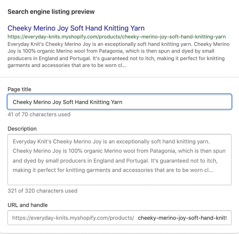 Image of Shopify setting up product SEO like page title and SEO description.