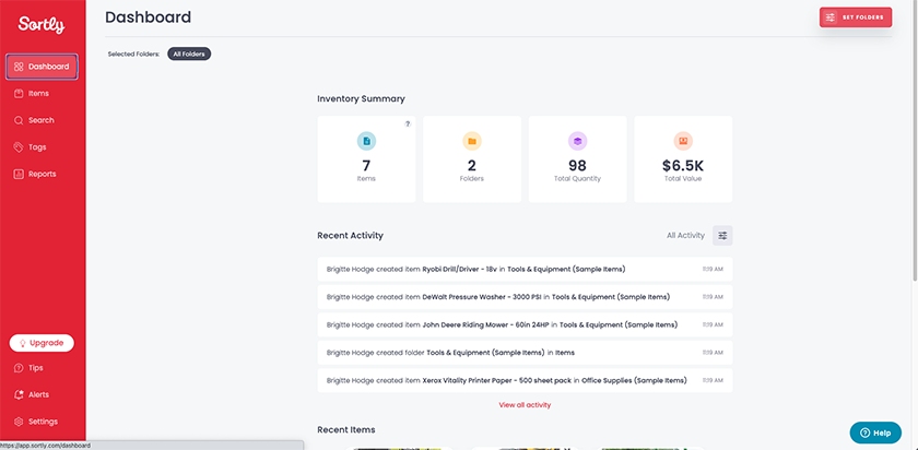 Sortly overview look of the inventory summary.