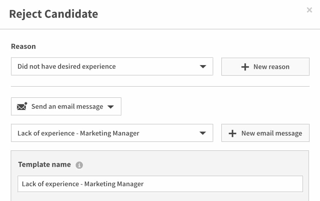 Spark Hire reject candidate page with reason box.