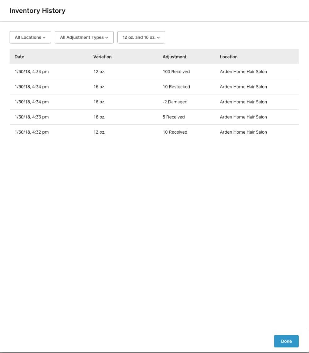 Square Appointments inventory history dashboard.