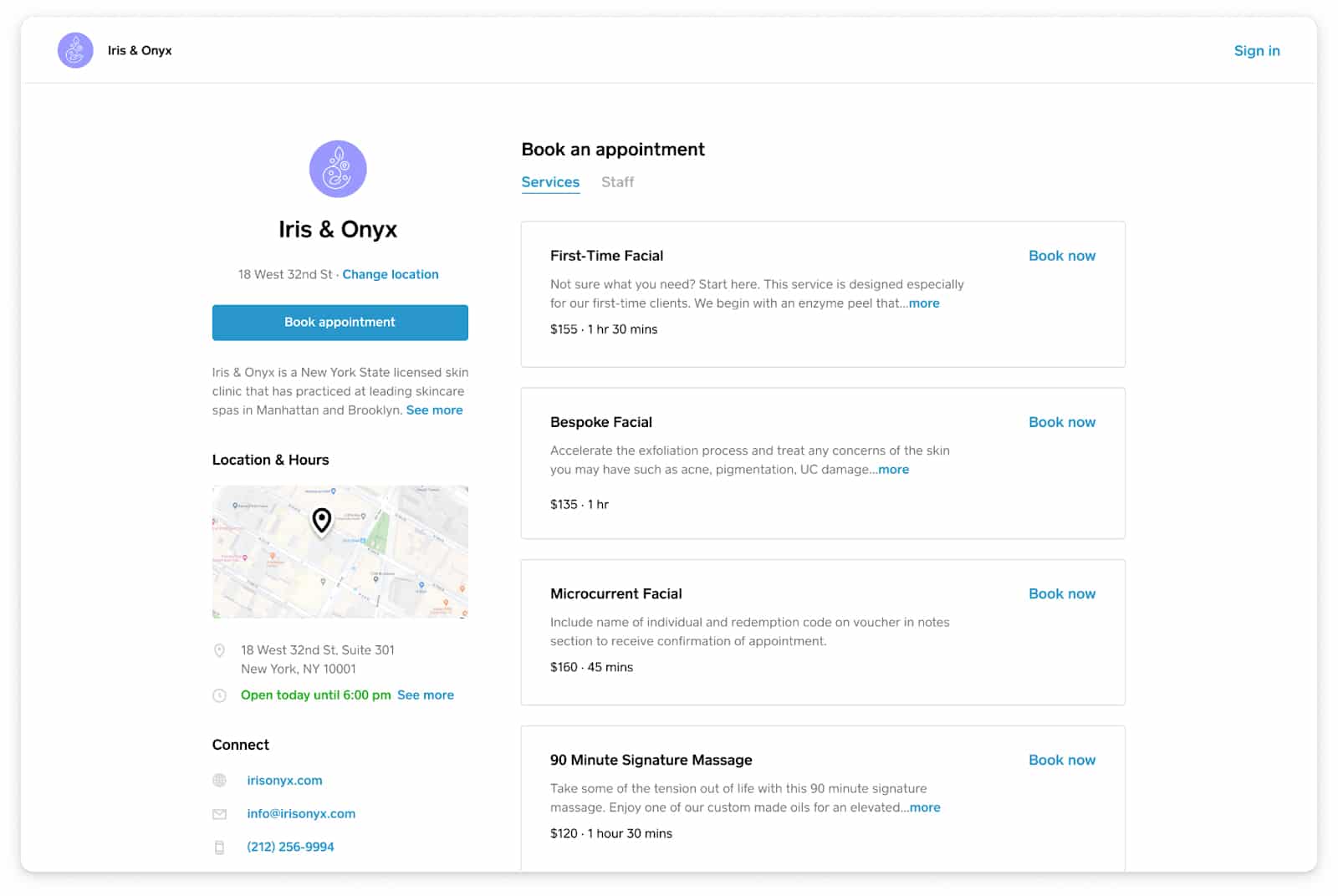 Square Appointments sample booking appointment of Iris & Onyx sample booking appointment.