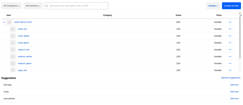 Square create product variants like size and color.