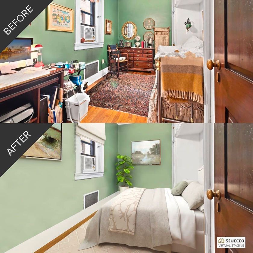 Stuccco Before and After Example of Bedroom Virtual Staging.
