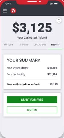 Estimated refund and summary of tax from TaxSlayer mobile app.