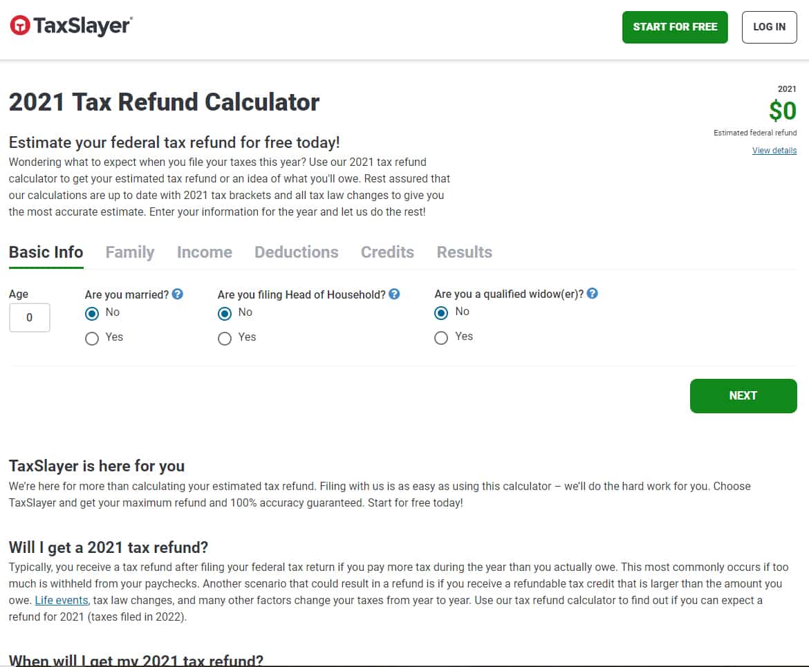 Image of TaxSlayer Tax refund calculator.