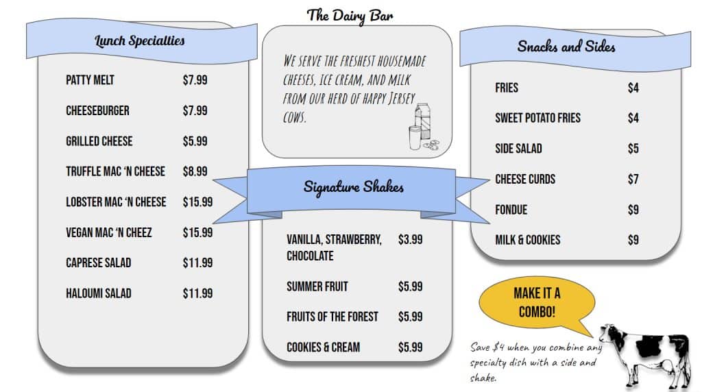 Example template menu of The Dairy Bar.