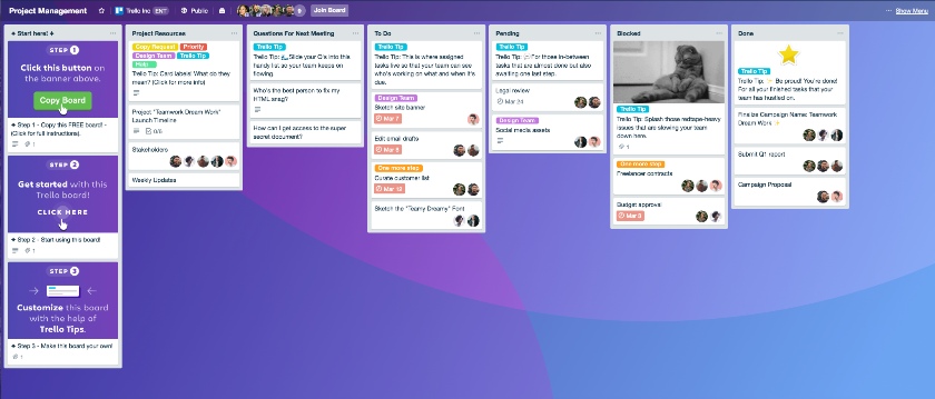 Trello's project management board in kanban view.