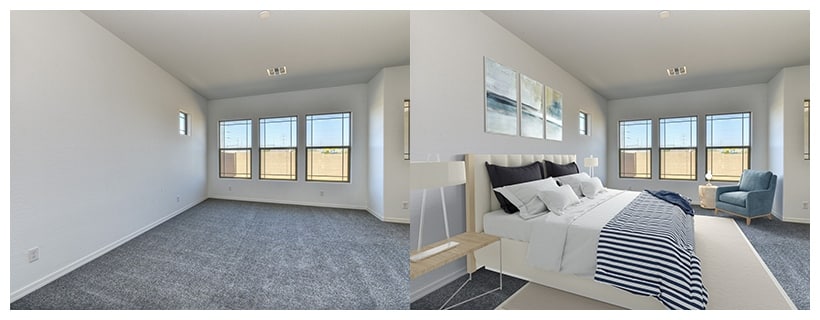 Before and after bedroom virtual staging from VRX Staging.