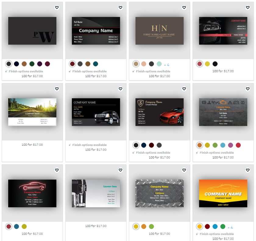 Vistaprint's examples of automotive business card designs