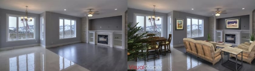 VisualStager Before and After renovations of living room.