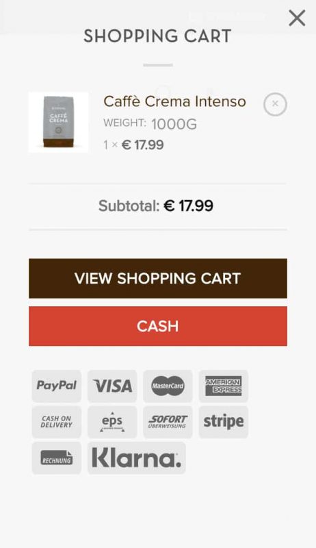 WooCommerce shopping cart that appear on the side whenever a customer adds something to their cart.
