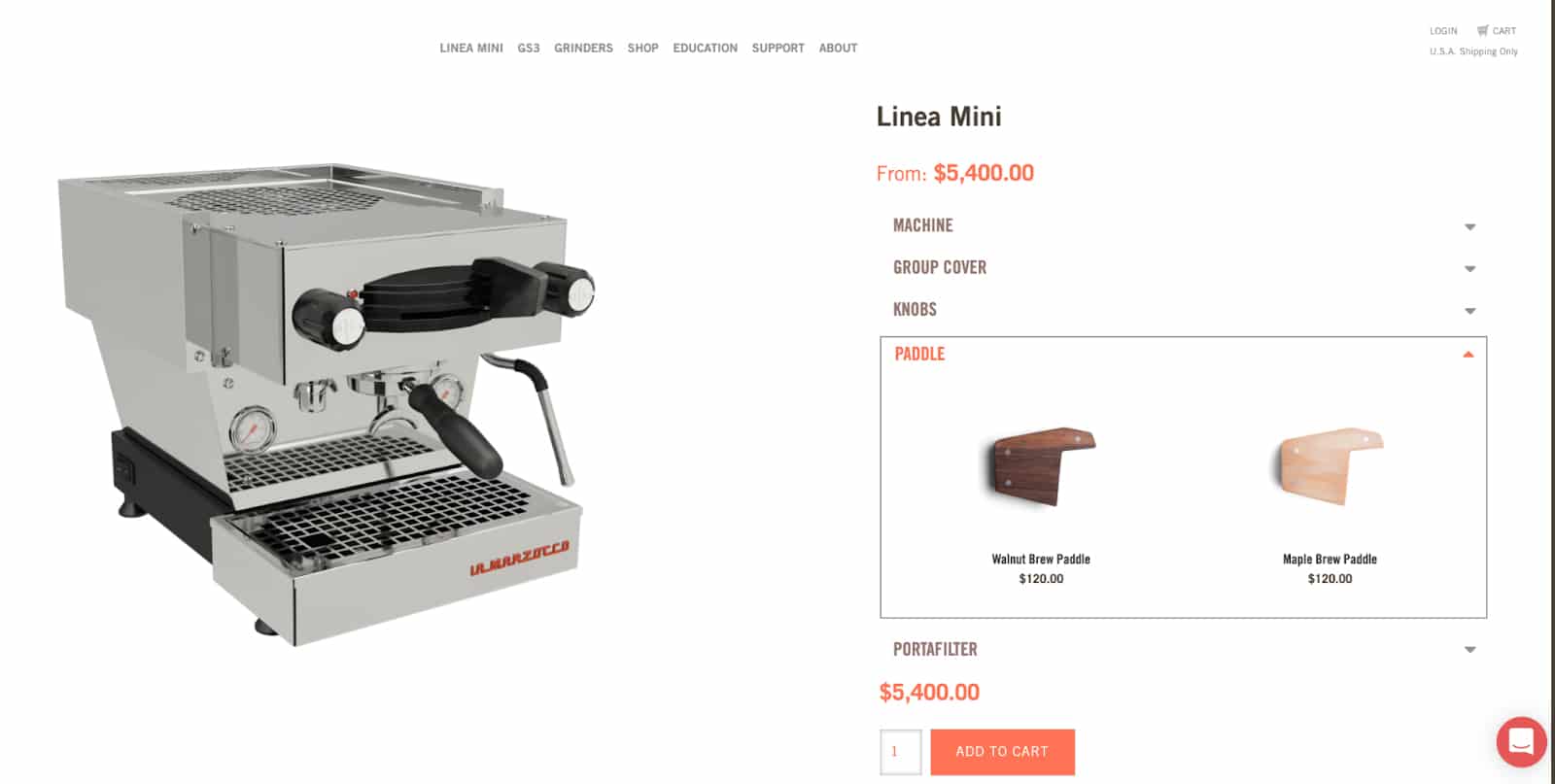 La Marzocco’s online Linea Mini sample product that lets shoppers to select their knobs, filters, paddles, legs, and more. 