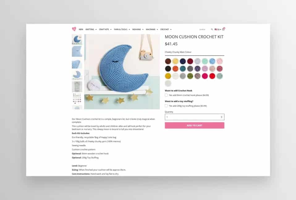 WooCommerce product example options for yarn color and add-ons for crochet hooks and toy stuffing. 