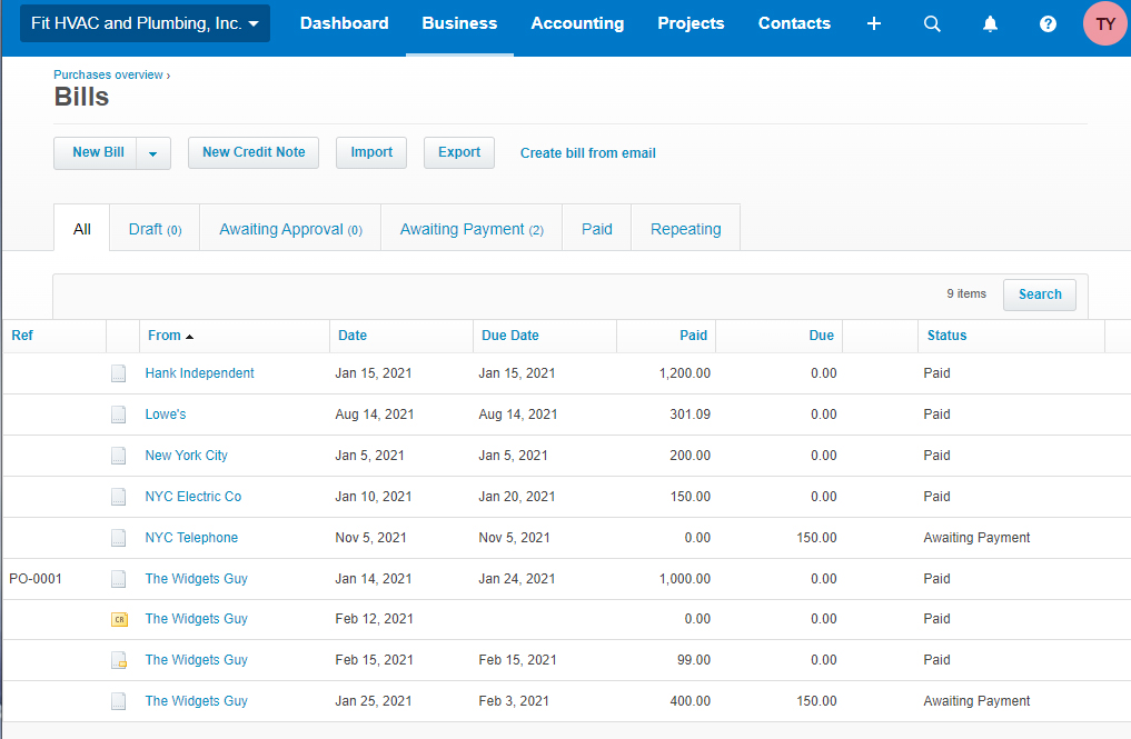 Xero bills window wherein you can see pertinent billing details like vendor, invoice date, due date, amount paid or due, and the status of the bill.