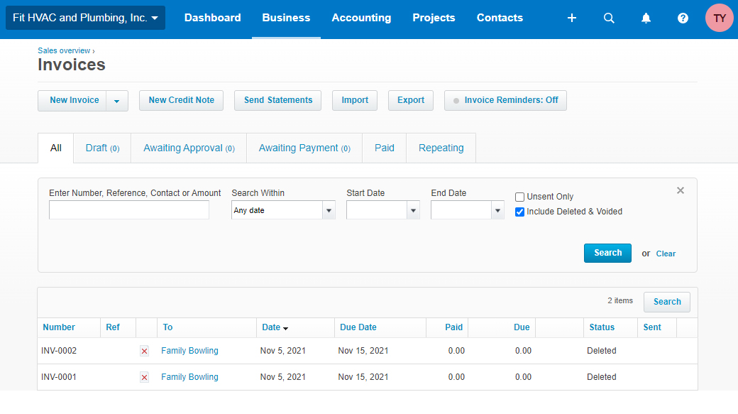 Xero invoice window, which you can use search invoices using multiple fields and filter them appropriately. 