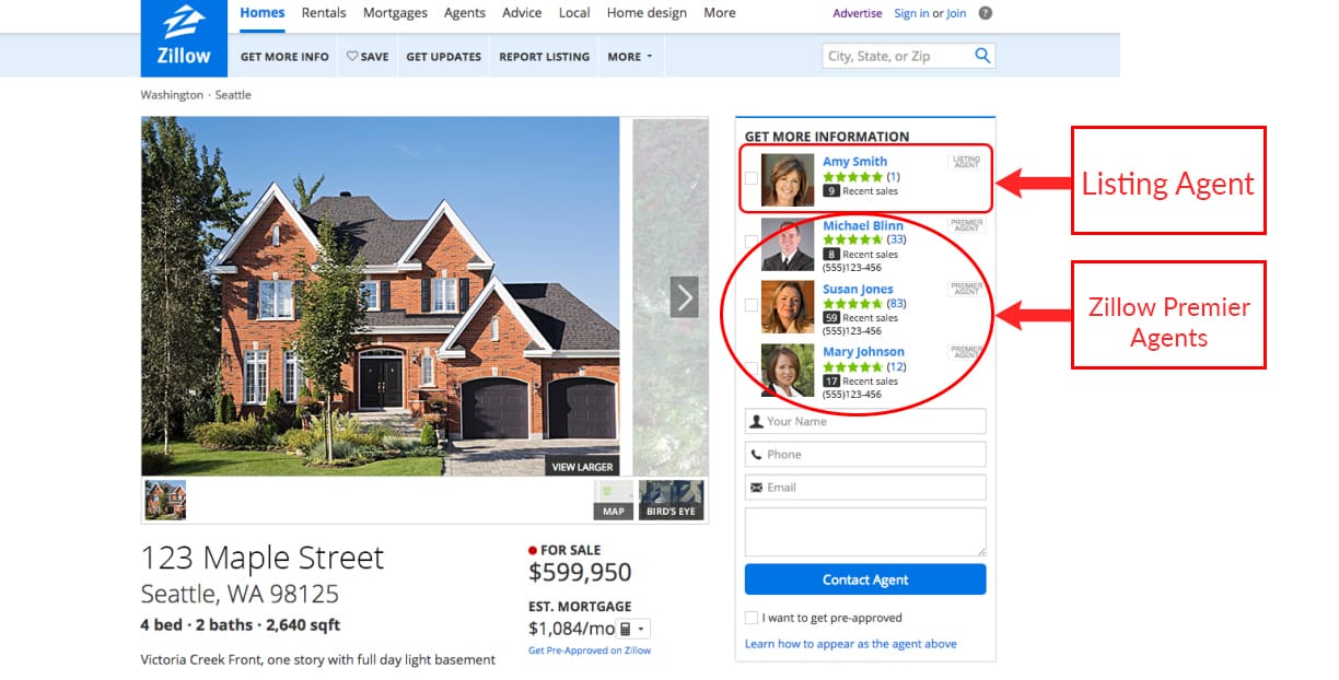 Example of agent placement on real estate listings of Zillow