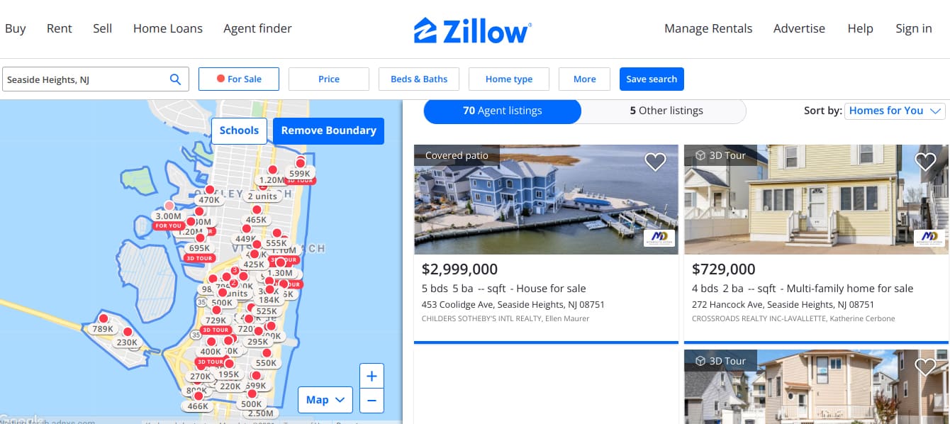 Image of Zillow save search and example listings.