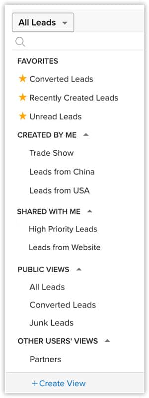 Zoho CRM customizable view list of leads.